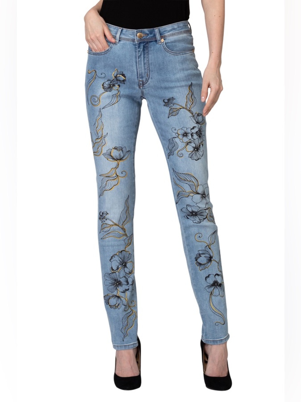 Joseph Ribkoff Light Blue Skinny Jeans with Black & Gold Floral 8